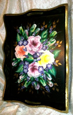 Vintage Hand Painted Floral Toleware Double Handle Wooden Butler Serving Tray picture
