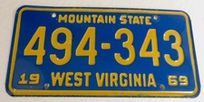 Vintage 1969 WEST VIRGINIA Auto License Plate 494-343, Steel picture