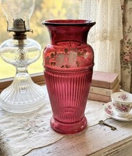 Vintage Fenton Cranberry Glass Vase 10” Ribbed Handpainted floral Signed Cottage picture