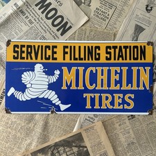 VINTAGE MICHELIN TIRES SERVICE FILLING STATION 18X9 INCHES PORCELAIN ENAMEL SIGN picture