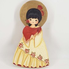 Hand Painted Gold Detail cute angel girl in hat on Wood 10