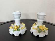VTG 2 White Ceramic Porcelain Candleholders Sculptured Yellow Flowers ~ READ picture