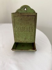 Vintage Green Tin Match Box Holder Wall Mount Primitive Metal MATCHES Safe Rusti picture