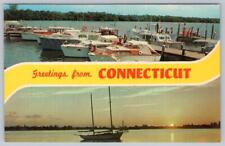 1960's GREETINGS FROM CONNECTICUT 2 VIEWS BOATS MARINA VINTAGE POSTCARD picture