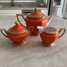 Vintage Czechoslovakia Art Deco Orange Gold Tea Set Teapot Sugar Creamer picture