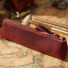 2-Pcs Retro Leather Pencil Bag Simple Stationery Hoder Zipper Pen Case Storage picture