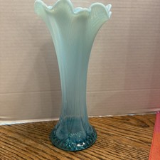 FENTON LIGHT BLUE OPALESCENT ART GLASS VASE FINE RIBS EXCELLENT 10” picture