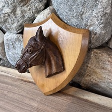 Vintage 1950s M 3D HORSE HEAD Plaster? Mounted Wall Plaque On Wood Shield picture