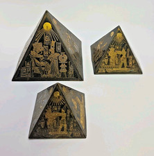 Vintage Etched Brass Egyptian Revival Pyramid Lot of 3 Paperweights picture