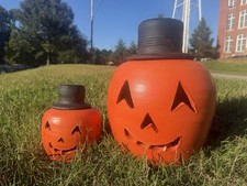Set Of Two Vintage Hewell’s Pottery Jack-o’-lanterns with Top hats picture