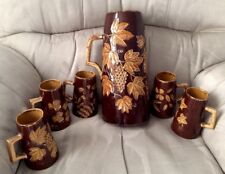 Signed 1886 SCHALLER Pottery Brown & Gold Incised Grapes Stein Set w/5 Mugs picture