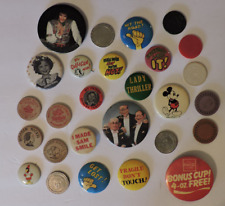 Vintage Lot Pinback Buttons,Mirrors,Wooden Nickels-Elvis,Shirley Temple,Coke picture