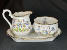 Vintage ROYAL ALBERT  Blue Pansies Small Creamer, Open Sugar And Tray 3 Pc Set picture