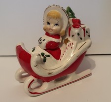 Vintage Relco Japan Christmas Girl In Sleigh Ceramic Figurine picture