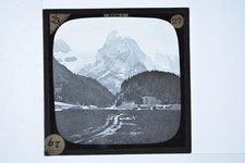 Swiss Alps Mountain Peak Valley Chalets Magic Lantern Slide c1900s picture