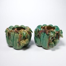 Vintage Ceramic Pottery Green Bell Pepper Form Planter Jardiniere Pot Pair 4.25