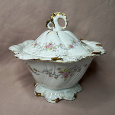 Vintage Lefton China KW1709 Covered Footed Vegetable Serving Bowl Pink Roses picture