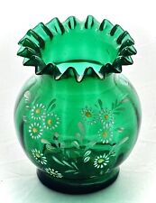 VTG Green Bohemian Czech Glass Vase W/Crimped Edge & Handpainted Daisies 5