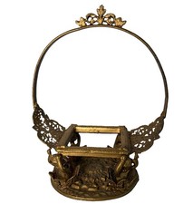 Vintage Heavy Ornate Cherub Filigree Ormolu Brass Bridal Basket Tray  7