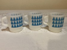 3 Vintage Stackable Fire King Mugs Blue Teal Turquoise Triangles picture