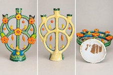 Vtg Mexican Tree Of Life Pottery Candle holder Candelabra Colorful Handmade picture