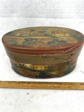 antique early oval pantry box rose head nails hand painted scene original 18thc picture