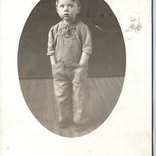 c1910s Handsome Mature Little Boy Overalls Hat RPPC Kid Writes? Real Photo A142 picture