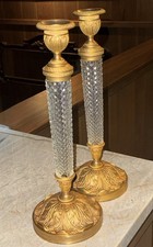 Pair Austrian Gilt-Bronze Cut Glass Candlesticks French Empire Style 13 1/2