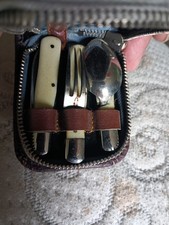 Antique French Ivoroide folding utensil travel set in S.S.S. Pigskin case picture