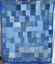 Folky Vintage Denim Blue Jeans Patchwork Crazy Quilt ~Pockets & Labels picture