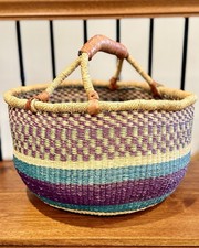Handwoven Bolga Style Market Basket Leather Handles African Woven 15.5” picture