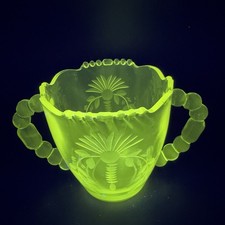Antique WJ Hughes Clear Etched Flower Sugar Bowl Dish Manganese 365nm UV Glow picture