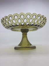 Vintage Olive Green Glass Lace Edge Compote With Lattice Border picture