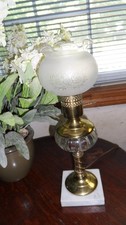 VINTAGE BRASS & ETCHED GLASS  ELECTRIC HURRICANE BOUDOIR LAMP WITH MARBLE BASE picture
