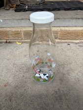 Vintage French Le Parfait Glass Milk Bottle Cow & Floral Design 1970s 80s picture