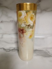 Limoges France W. G. Hand Painted Vase 9.5 Tall Gold Trim Yellow Roses picture