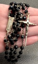 Vintage Sterling Silver Creed Black Glass Bead Rosary Necklace Crucifix 28” picture