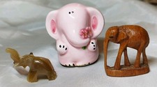 Vintage Miniature Elephant Lot Of 3 - Hand Carved Onyx Stone Wood Pink Ceramic picture