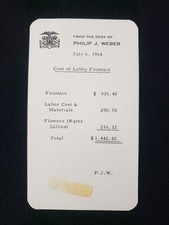 1964 Internal Invoice Note Ambassador Hotel COST OF LOBBY FOUNTAIN Philip Weber picture