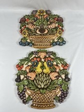 Vintage 1976 Signed Anne Ceramic Fruit Flower Basket Wall Plaques Pair 11” picture