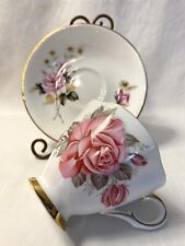 Clarence Bone China Teacup Saucer Pink Roses Pedestal Cup Gold Trim picture