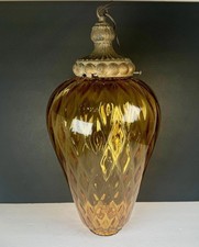 Vintage Amber Diamond Optic Glass Hanging Pendant / Swag Lamp 18” Teardrop picture