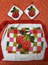 New Vintage 1960s Morgan-Jones Terry 1 Half Tie Apron Cherries 2 Pot Holders MCM picture