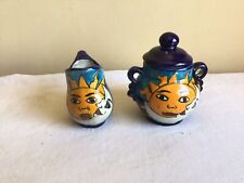 Vintage Mexican Folk Art Pottery Hand Painted Sun Moon Face Creamer Sugar Set picture