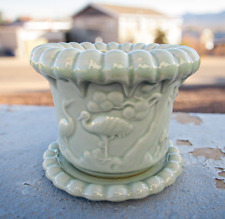 Vintage Chinese Celadon Planter & Saucer- Scalloped Green Pottery- Crane Birds picture