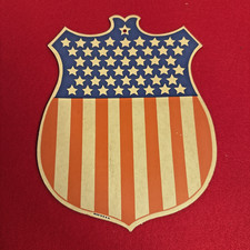 Vintage Patriotic US Flag Shield Die Cut Sign Cardboard Americana WWII Decor picture