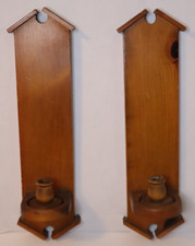 VTG Wood Wall Mount Taper Candle Sconces Colonial Farmhouse Knotty Pine 18x4 in picture