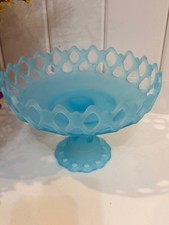 Vintage Westmoreland Blue Mist Satin Glass Doric Open Lace Pedestal Compote Bowl picture