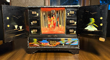 VTG MCM Japanese Black Lacquer Musical Jewelry Cabinet Geisha Mt Fuji Working picture