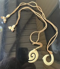 2 Pieces Polynesian Maui Fish Hook & Spiral Pendant. Handcrafted-Bone-unused picture